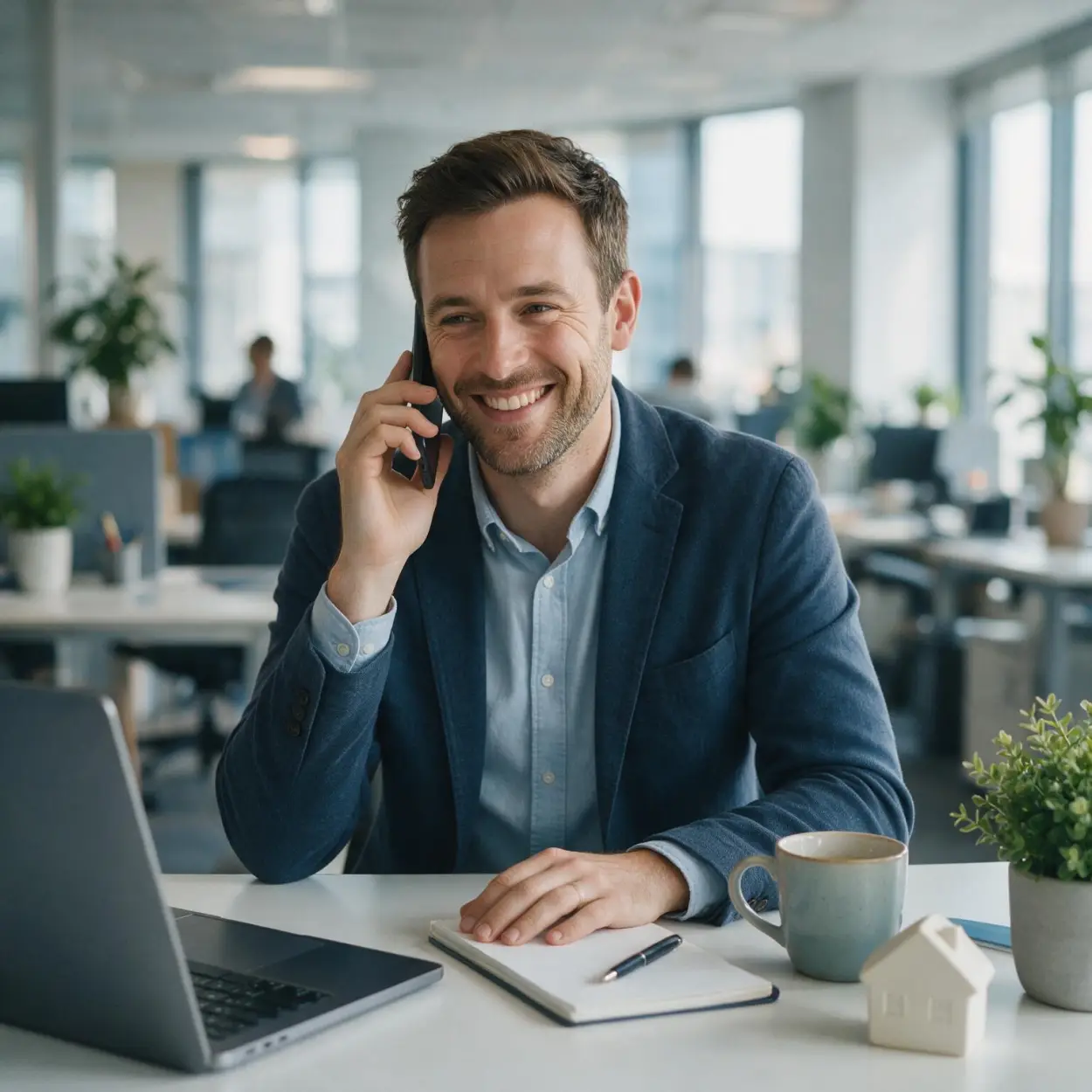 Mortgage advisor smiling on the phone at his desk, ready to discuss bad credit and debt consolidation options