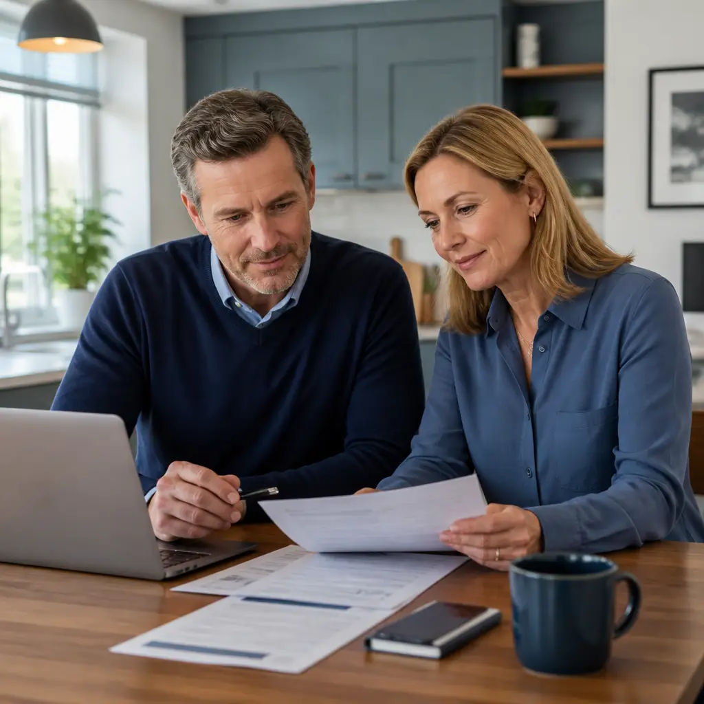 Couple reviewing paperwork and a laptop at their kitchen table while considering a remortgage to consolidate debt