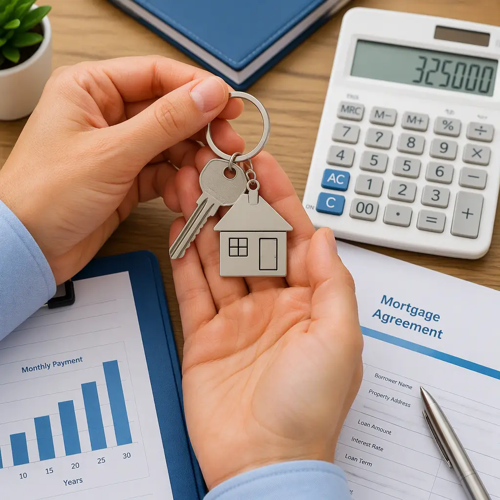 Hands holding house keys above mortgage paperwork and a calculator, illustrating a second charge mortgage or remortgage
