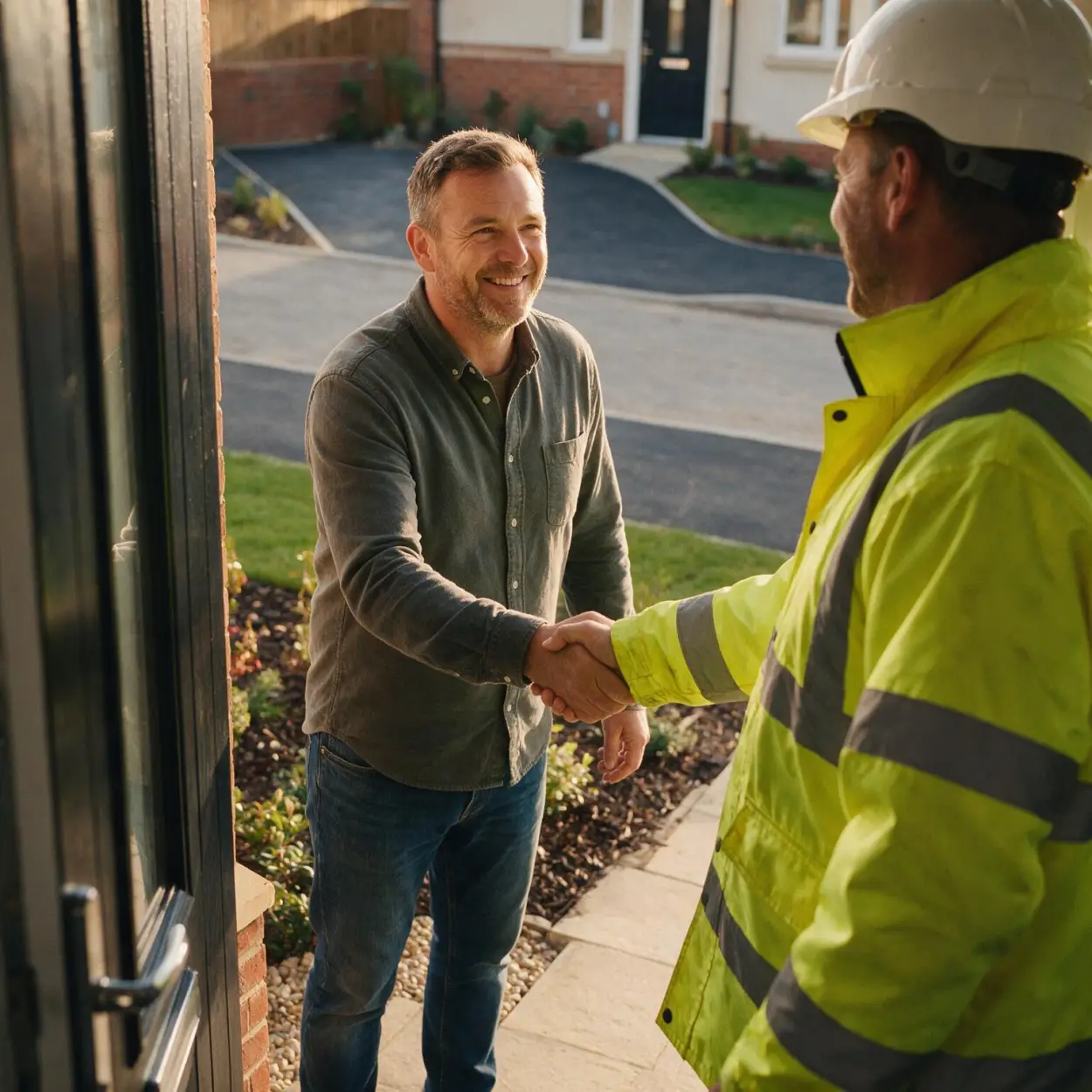 New build homeowner shaking hands with site manager after mortgage retention work is completed