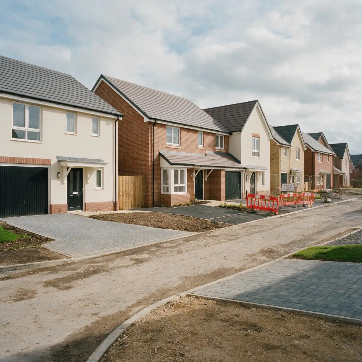 Partly finished UK new build development street showing an unadopted road that can trigger a mortgage retention