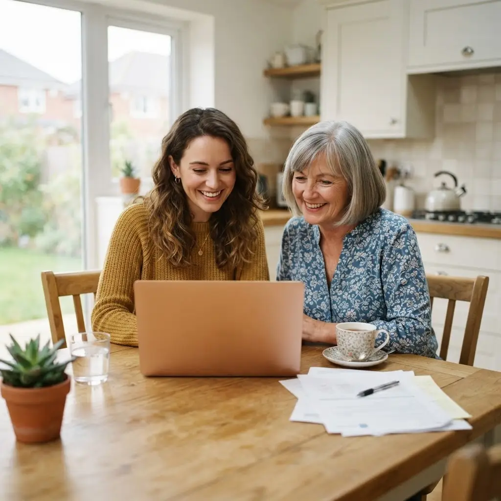 Parent Helping Daughter with a Guarantor Mortgage Parent helping their adult daughter with a guarantor mortgage application at home