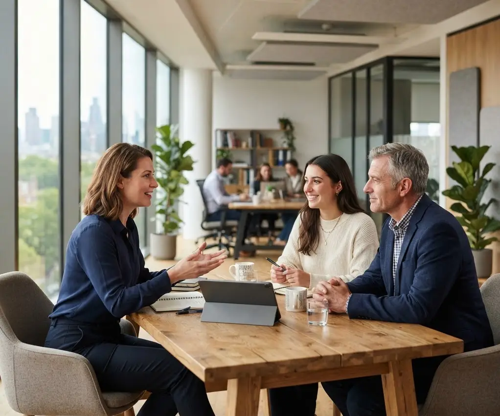 Guarantor Mortgage Specialist Meeting with Family Mortgage adviser discussing guarantor mortgage options with a parent and their adult child