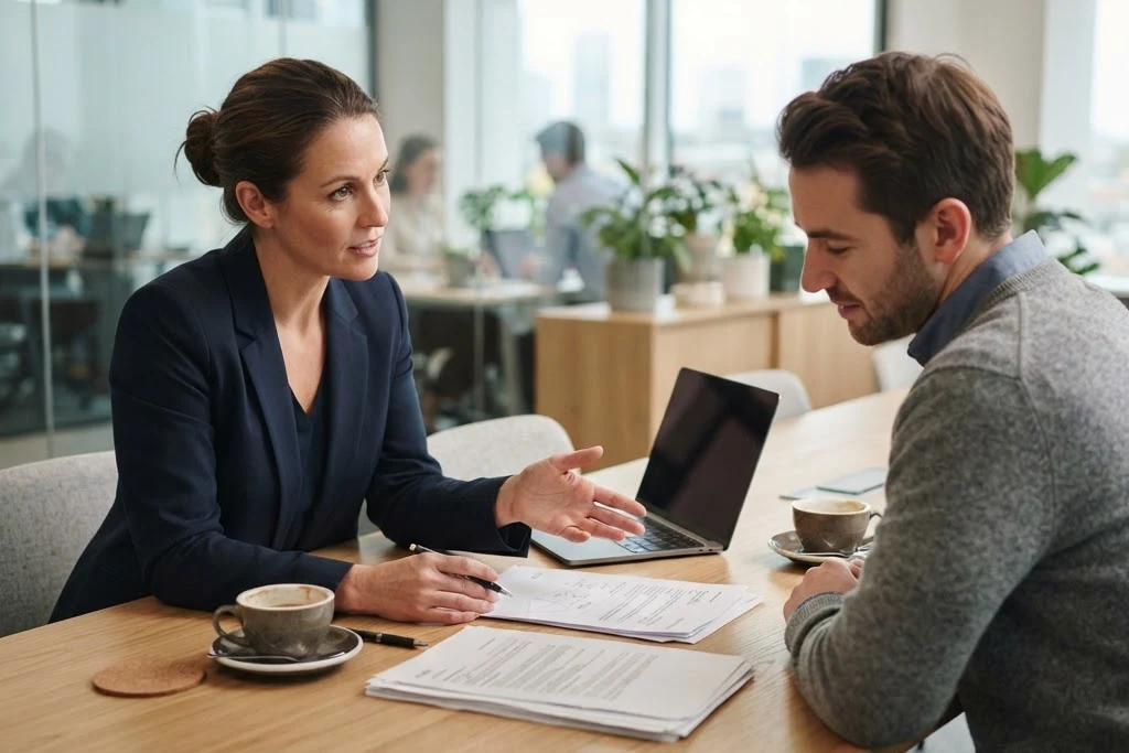 Mortgage adviser and client reviewing application documents together at a meeting table