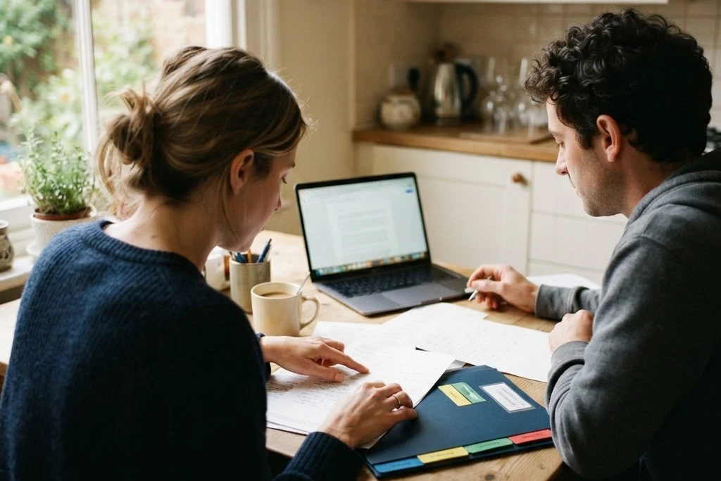 Couple at a kitchen table going through mortgage application paperwork alongside a laptop