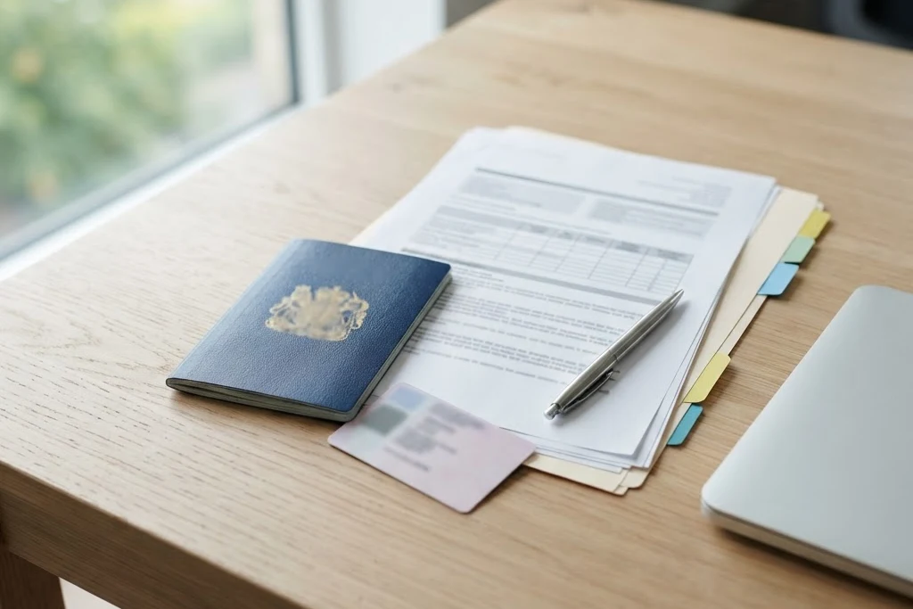 Passport, driving licence and a folder of mortgage application documents on a desk beside a laptop